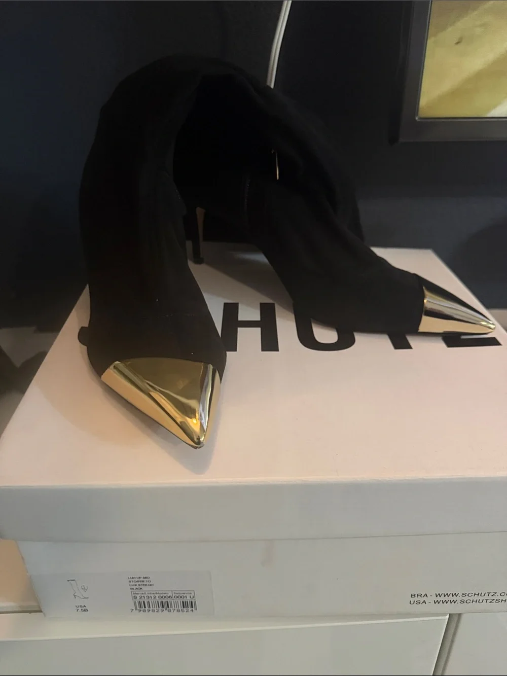 Schultz Black Over-the-Knee Zip Accent Boots with Gold Trim